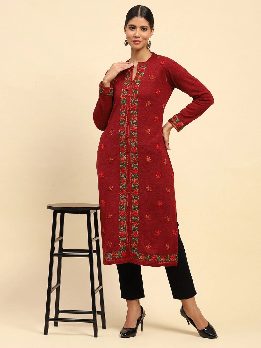 Carrot Orange WoolenThread Embroidered Notch Neck Kurta