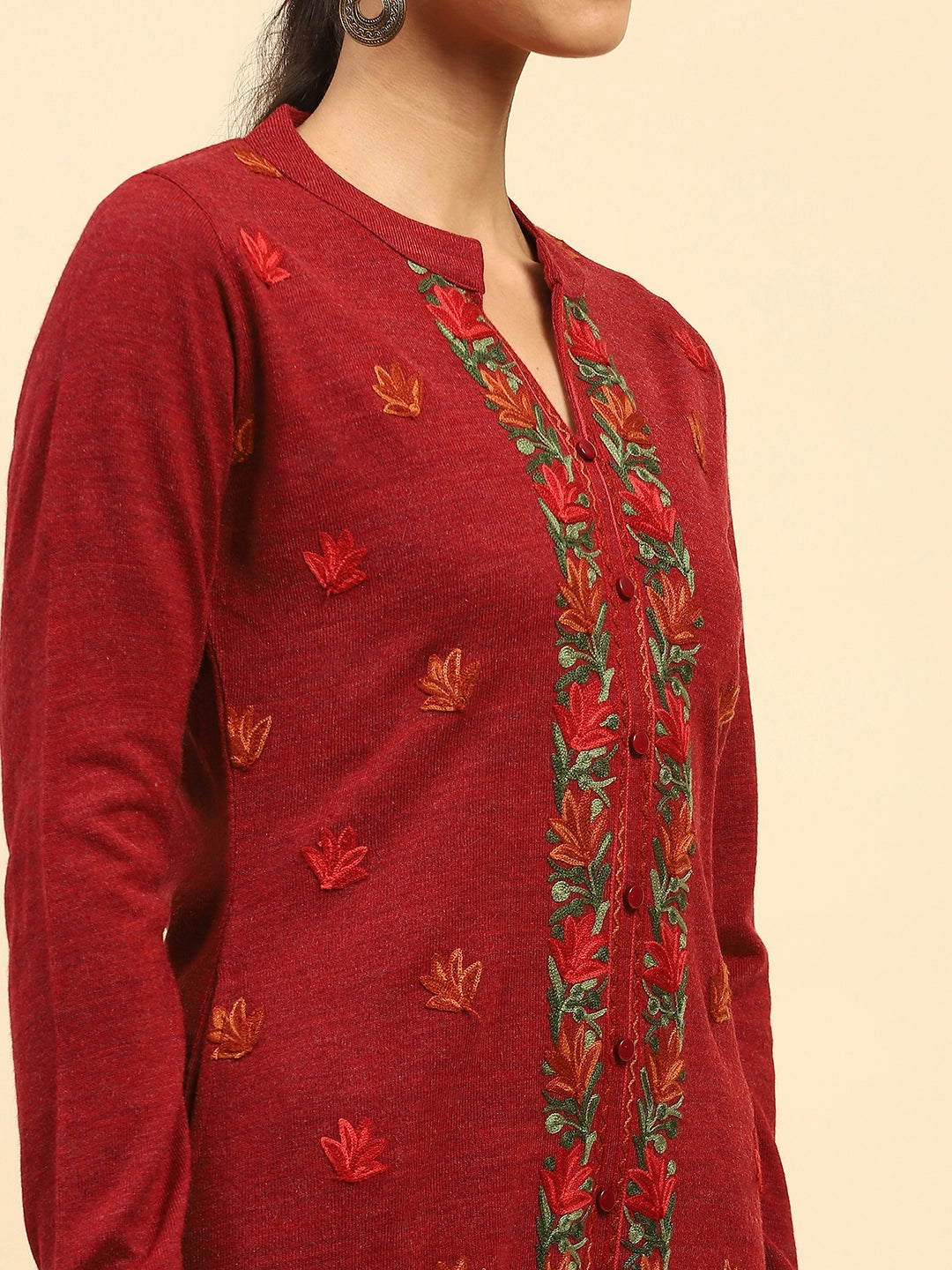 Carrot Orange WoolenThread Embroidered Notch Neck Kurta