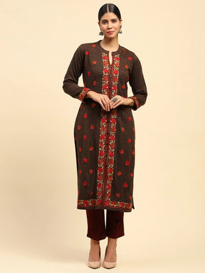 Dark Rust Woolen Thread Embroidered Notch Neck Kurta