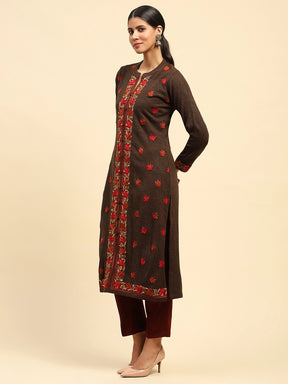 Dark Rust Woolen Thread Embroidered Notch Neck Kurta