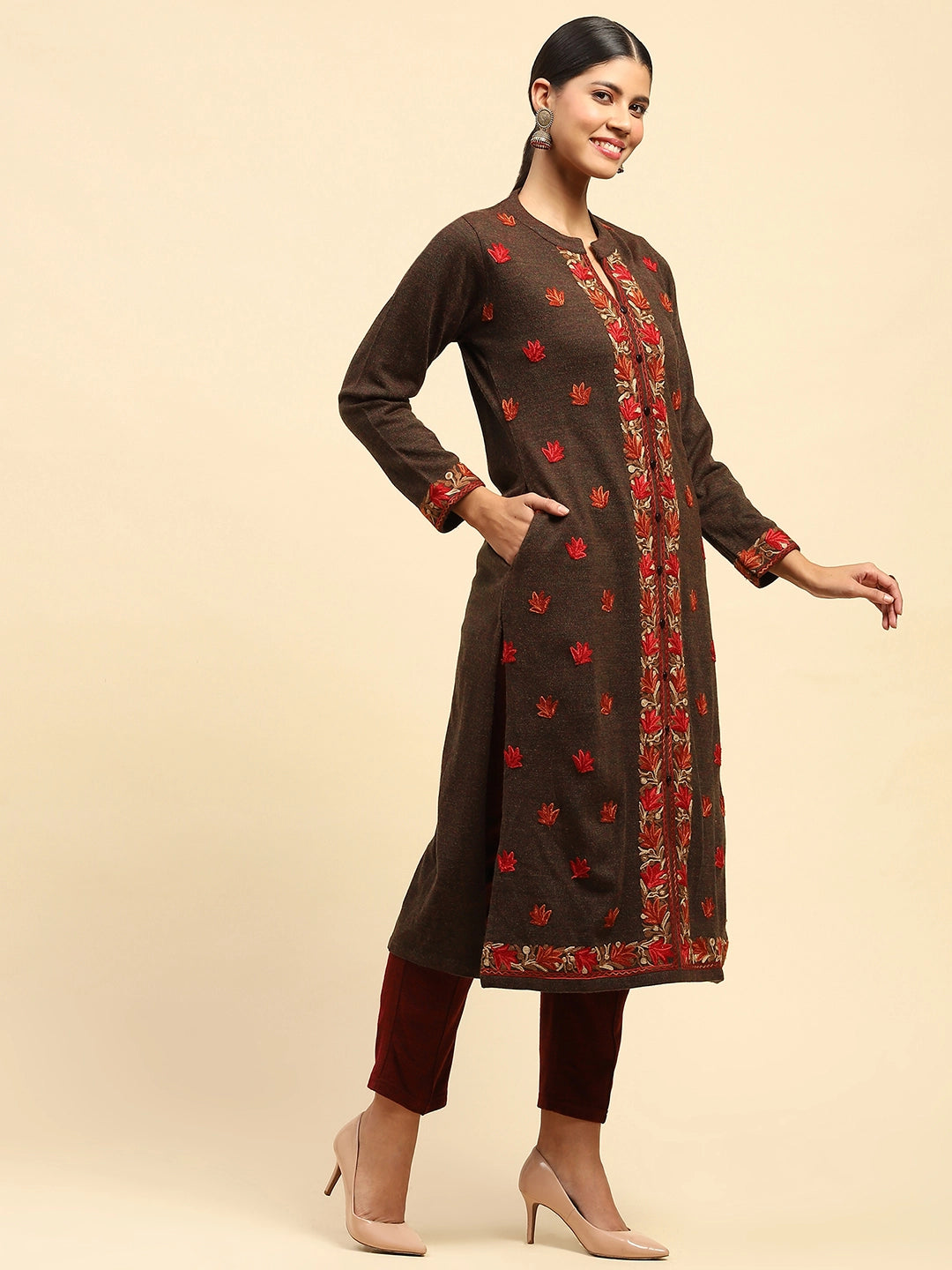 Dark Rust Woolen Thread Embroidered Notch Neck Kurta