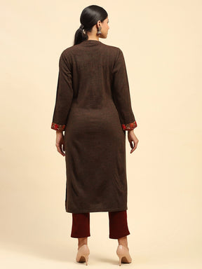 Dark Rust Woolen Thread Embroidered Notch Neck Kurta