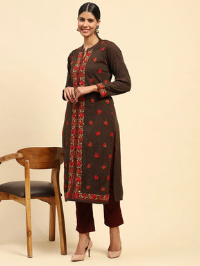 Dark Rust Woolen Thread Embroidered Notch Neck Kurta