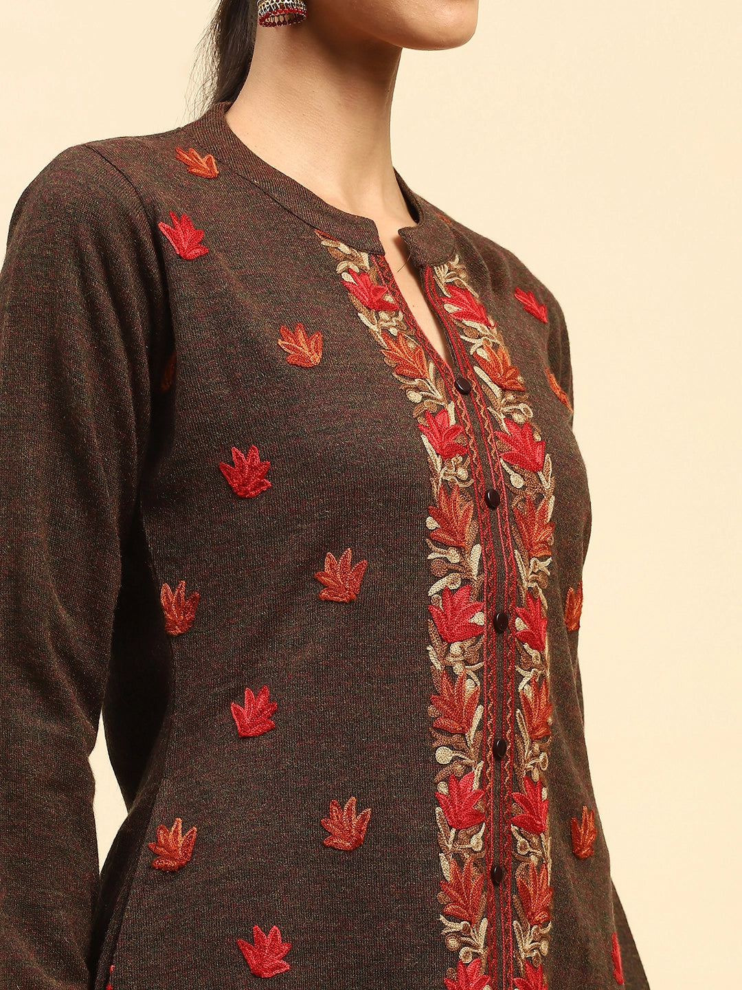 Dark Rust Woolen Thread Embroidered Notch Neck Kurta