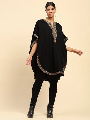 Black Woolen Embroidered Notch Neck Cape