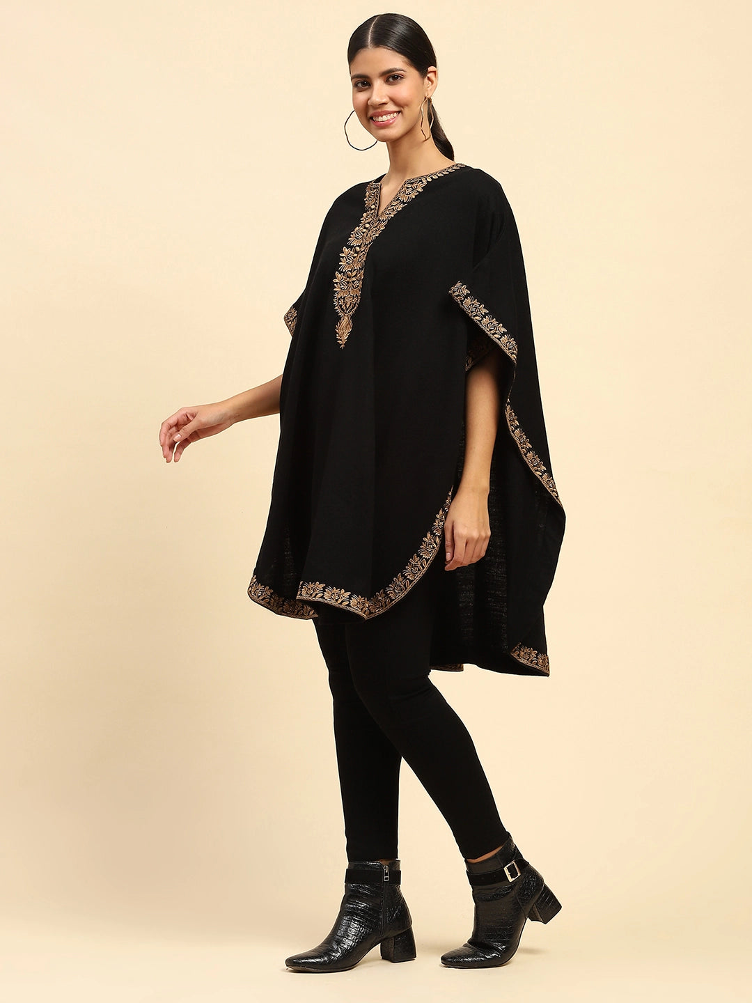 Black Woolen Embroidered Notch Neck Cape