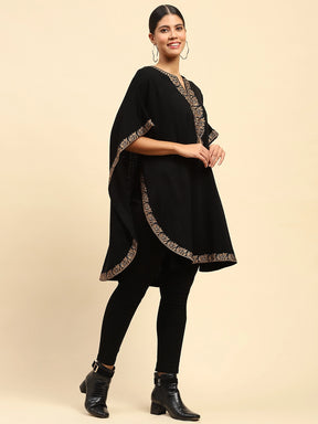 Black Woolen Embroidered Notch Neck Cape