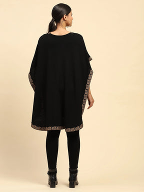 Black Woolen Embroidered Notch Neck Cape