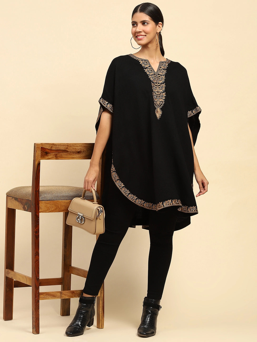 Black Woolen Embroidered Notch Neck Cape