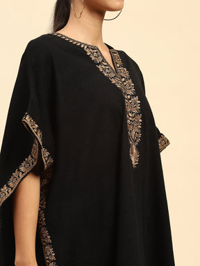 Black Woolen Embroidered Notch Neck Cape