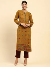 Mustard Woolen Thread Embroidered Notch Neck Kurta