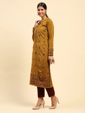 Mustard Woolen Thread Embroidered Notch Neck Kurta