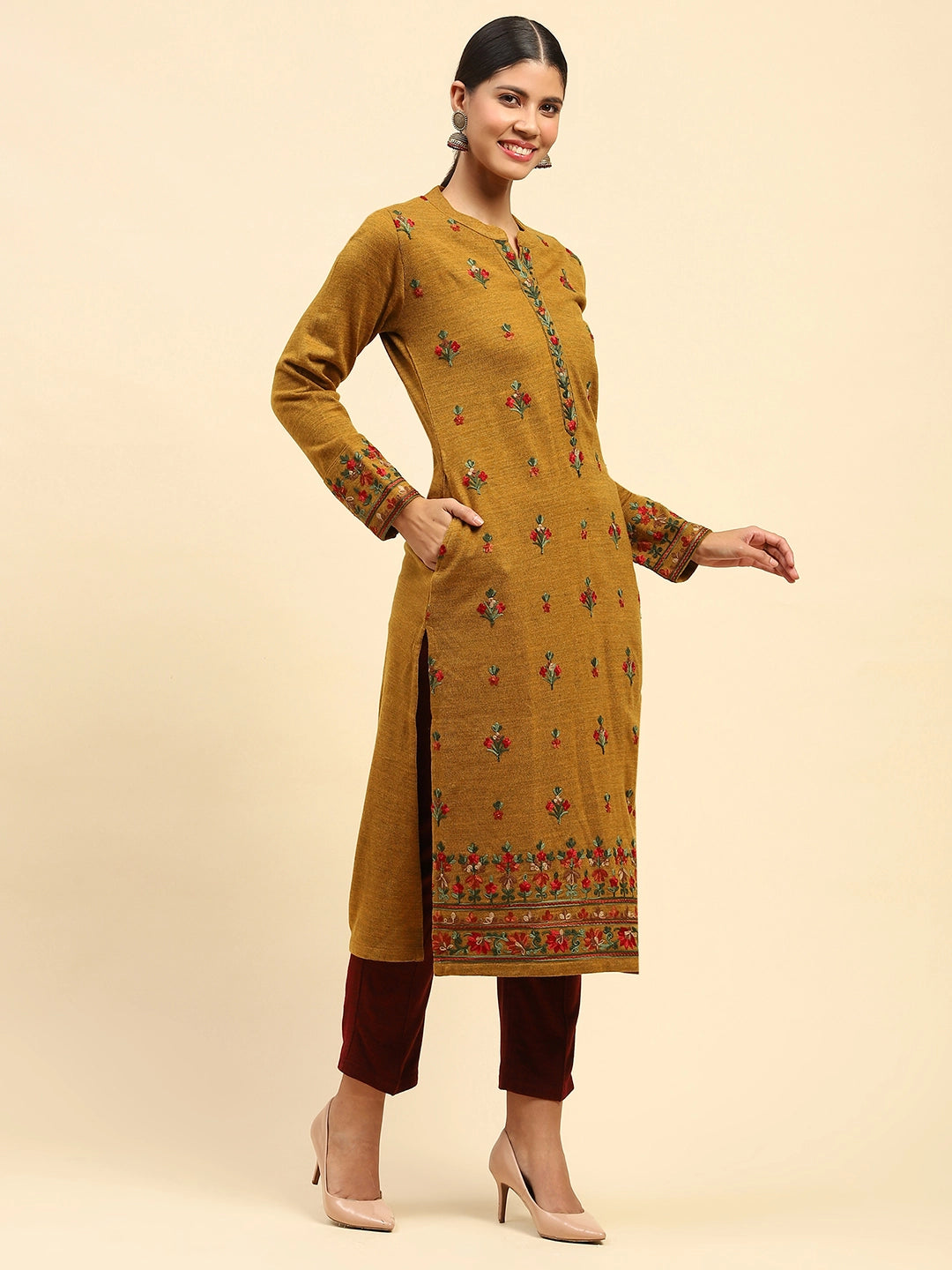 Mustard Woolen Thread Embroidered Notch Neck Kurta