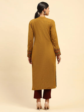 Mustard Woolen Thread Embroidered Notch Neck Kurta