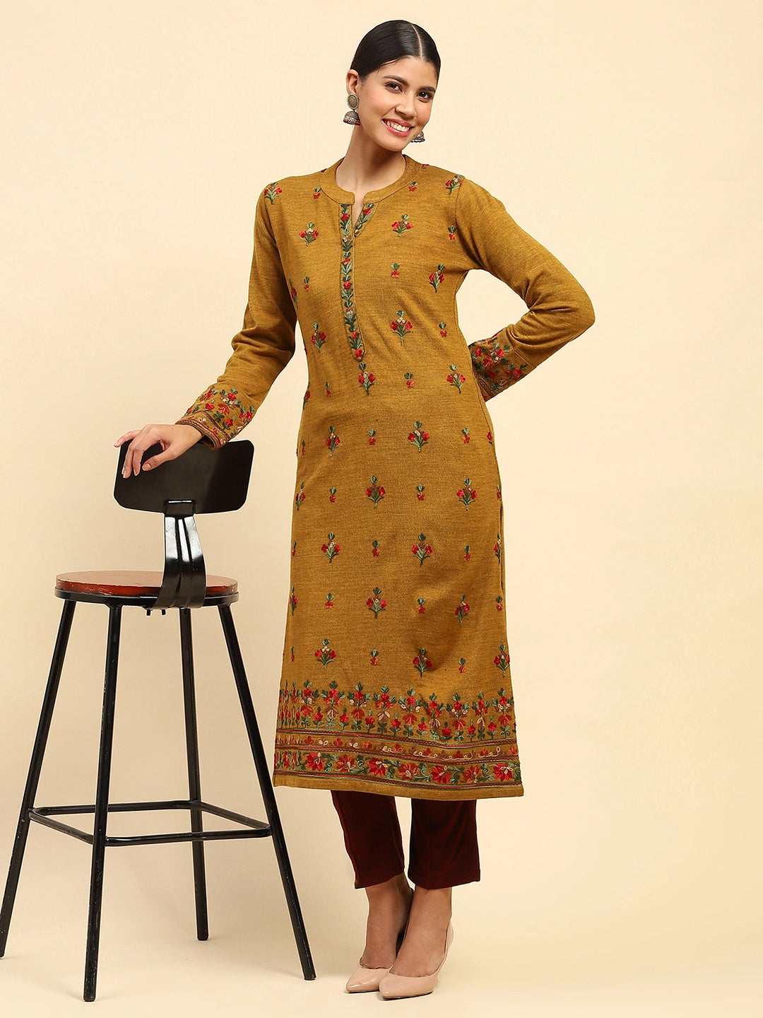 Mustard Woolen Thread Embroidered Notch Neck Kurta