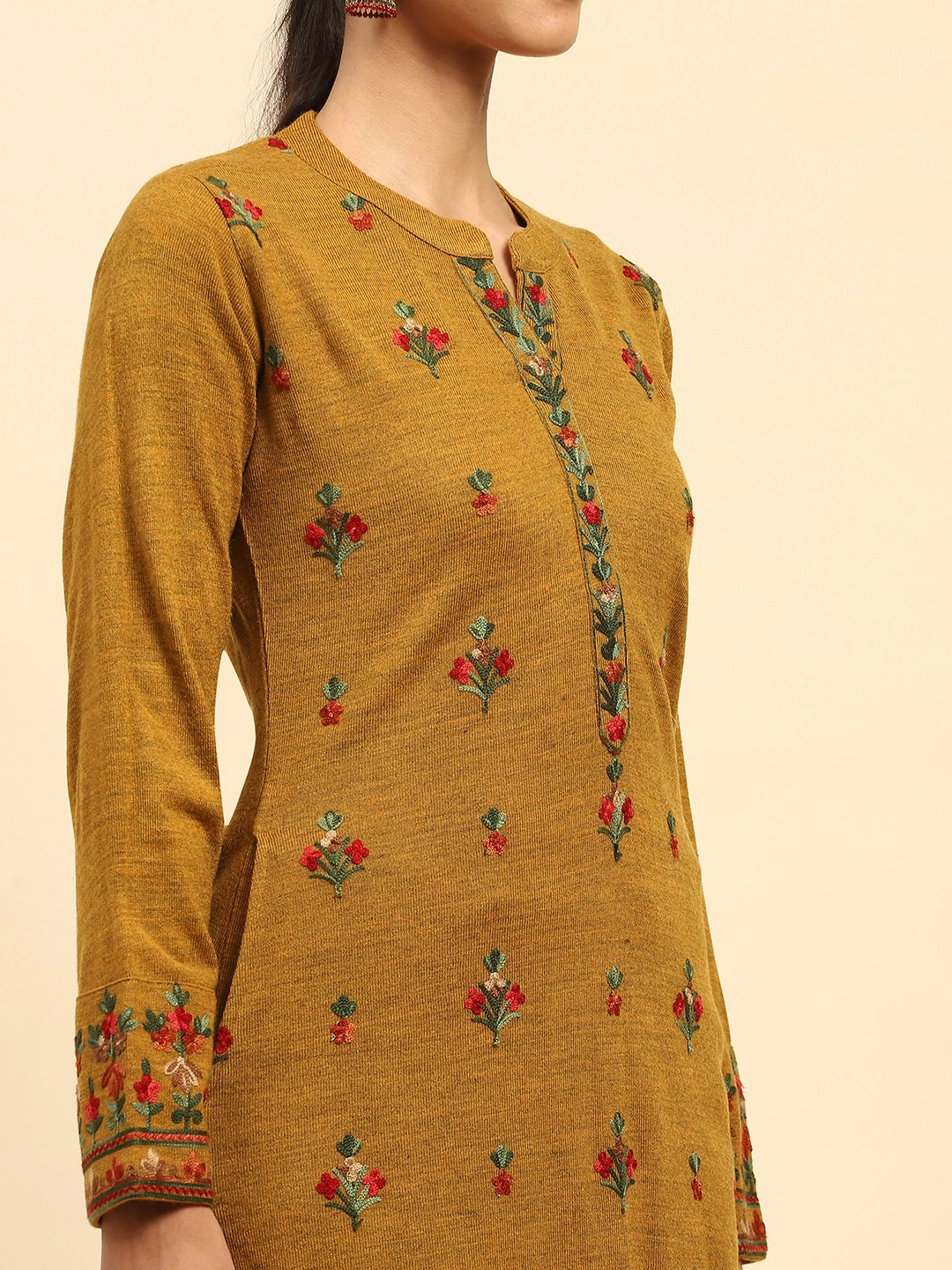 Mustard Woolen Thread Embroidered Notch Neck Kurta