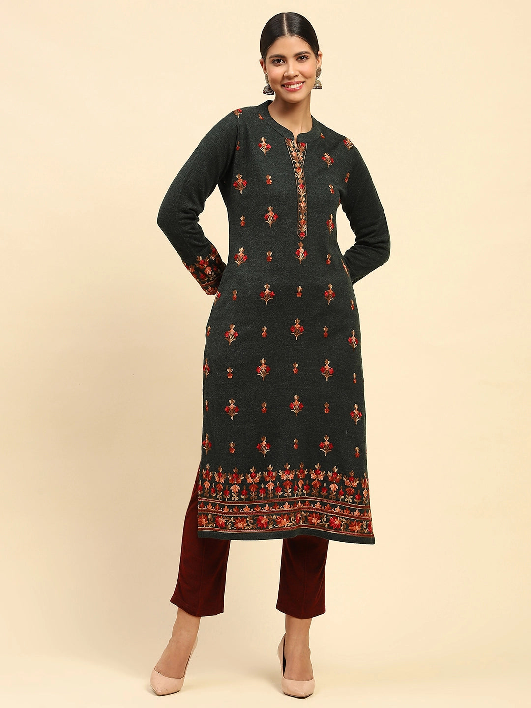 Dark Olive WoolenThread Embroidered Round Neck Kurta