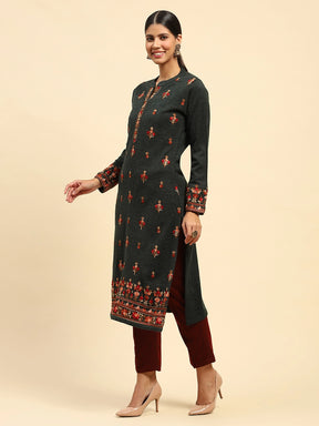 Dark Olive WoolenThread Embroidered Round Neck Kurta