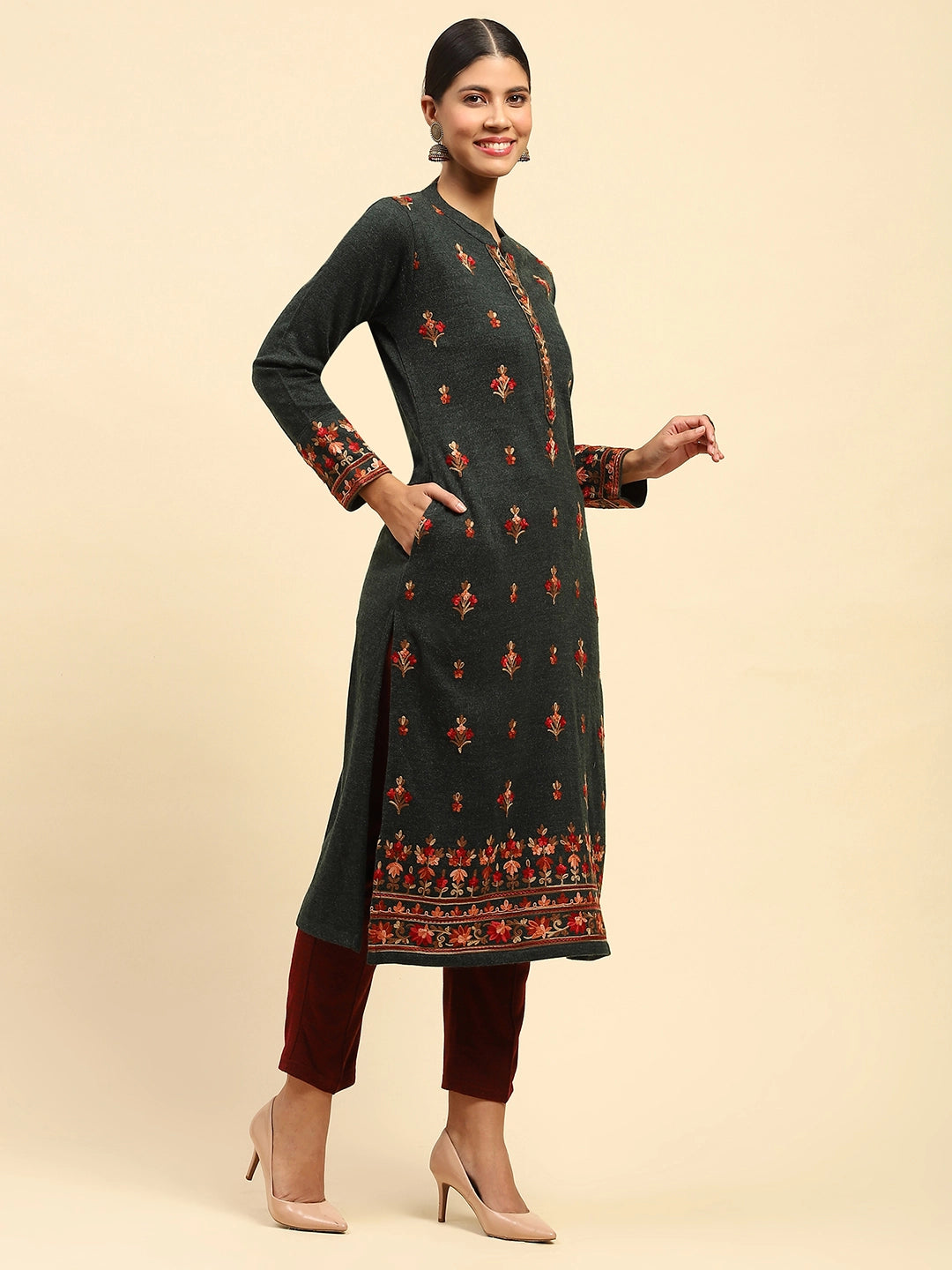 Dark Olive WoolenThread Embroidered Round Neck Kurta