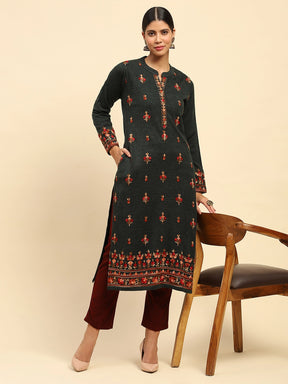 Dark Olive WoolenThread Embroidered Round Neck Kurta