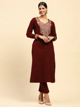 Dark Maroon WoolenThread Embroidered V-Neck Kurta