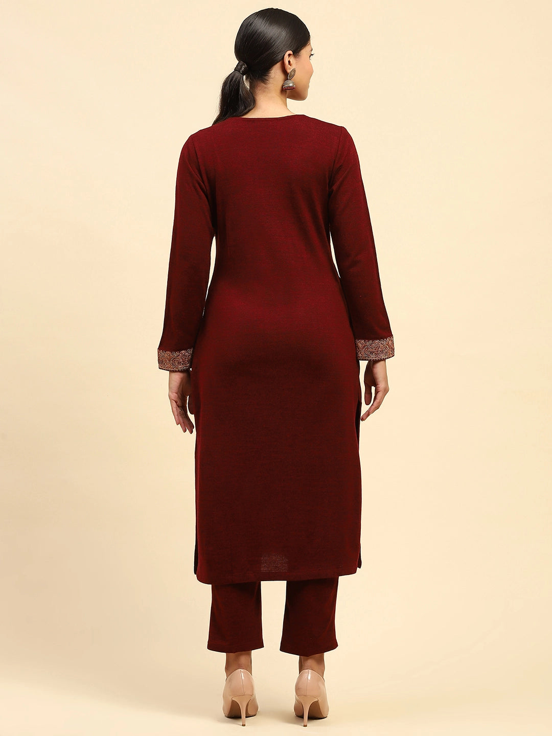 Dark Maroon WoolenThread Embroidered V-Neck Kurta