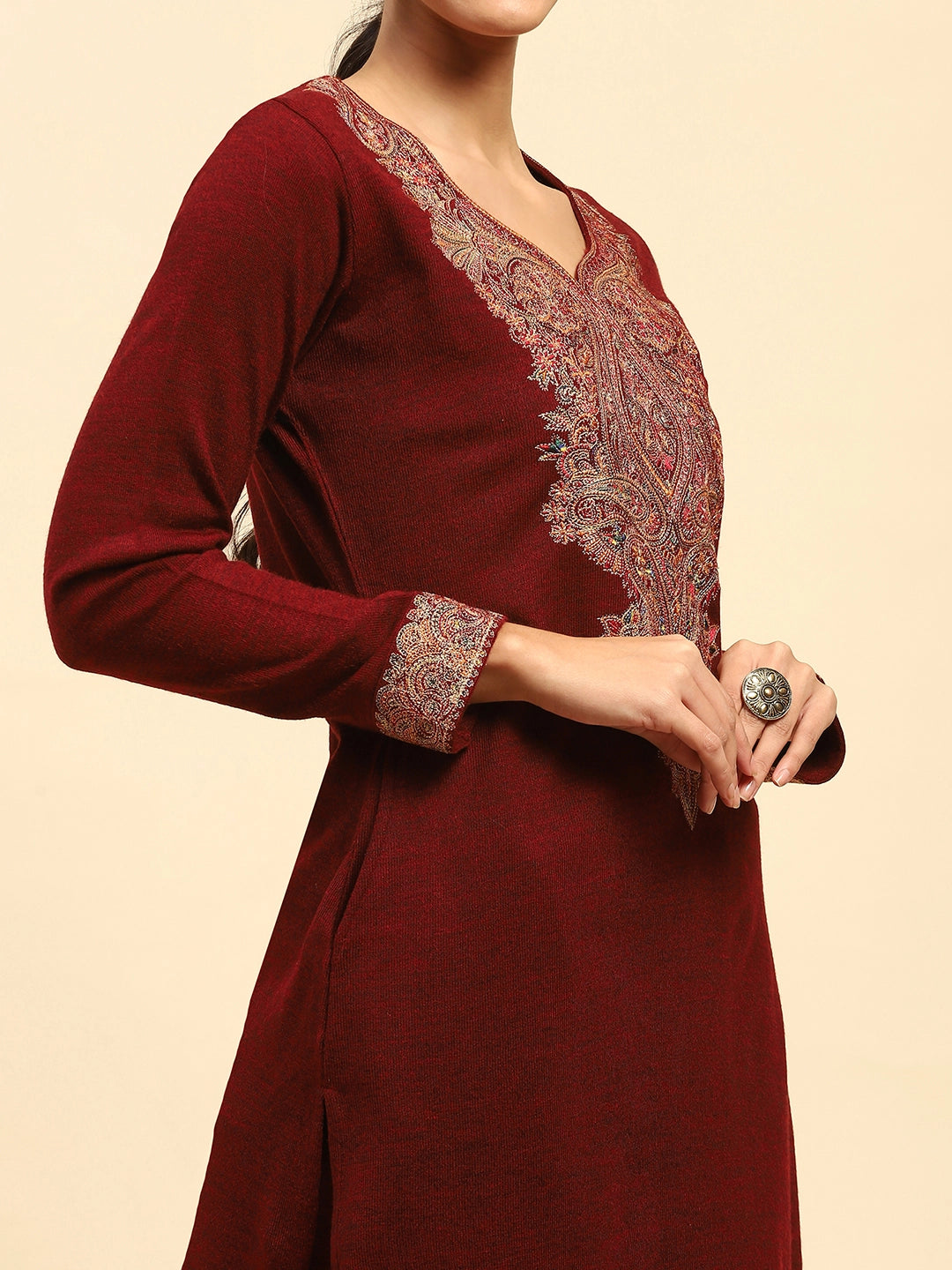 Dark Maroon WoolenThread Embroidered V-Neck Kurta