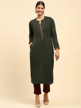 Olive Woolen Thread Embroidered Notch Neck Kurta