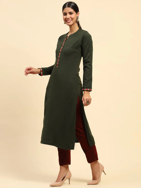 Olive Woolen Thread Embroidered Notch Neck Kurta