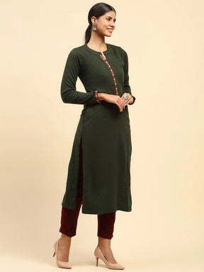 Olive Woolen Thread Embroidered Notch Neck Kurta