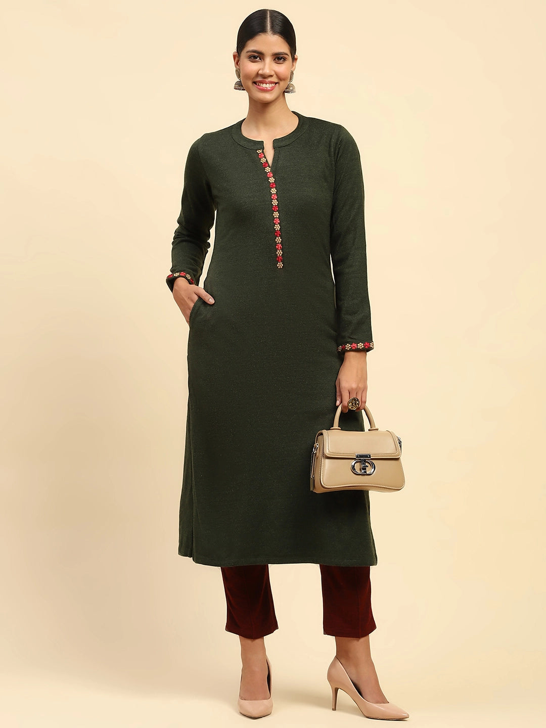 Olive Woolen Thread Embroidered Notch Neck Kurta