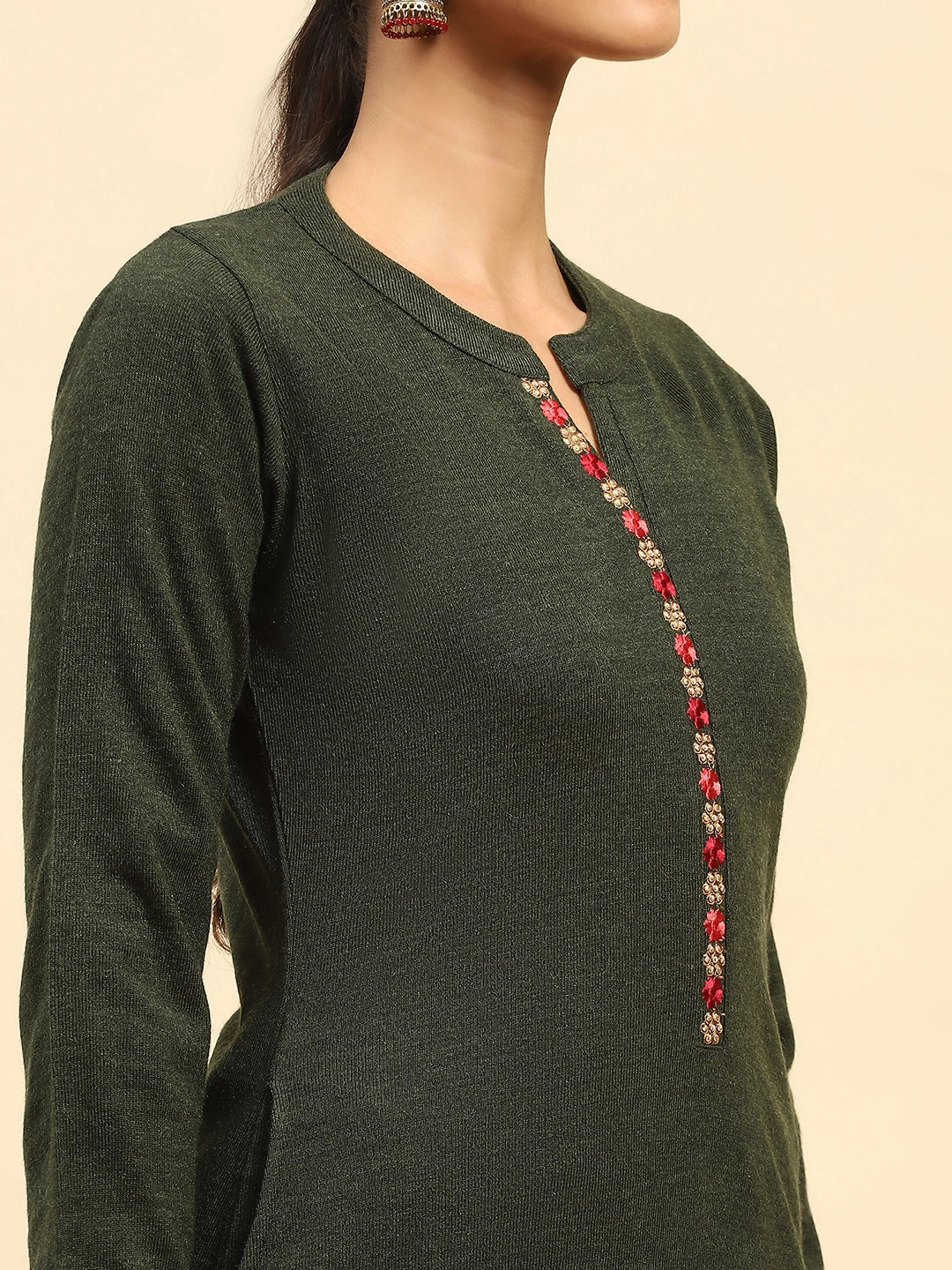 Olive Woolen Thread Embroidered Notch Neck Kurta