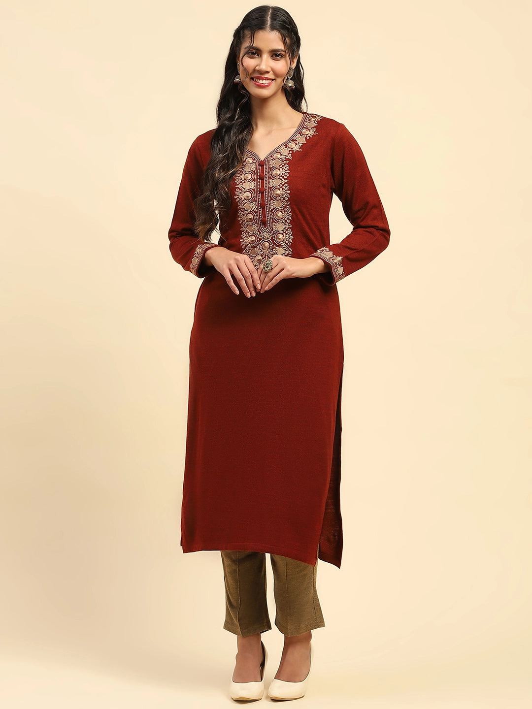 Rust Woolen Thread Embroidered V-Neck Kurta