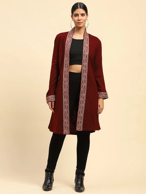 Dark Maroon WoolenThread Embroidered Front Open Ethnic Shrug