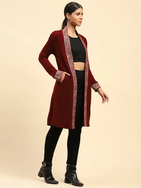 Dark Maroon WoolenThread Embroidered Front Open Ethnic Shrug