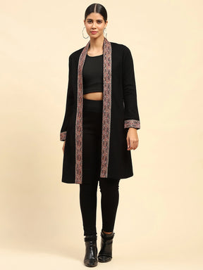 Black Woolen Thread Embroidered Front Open Shrug