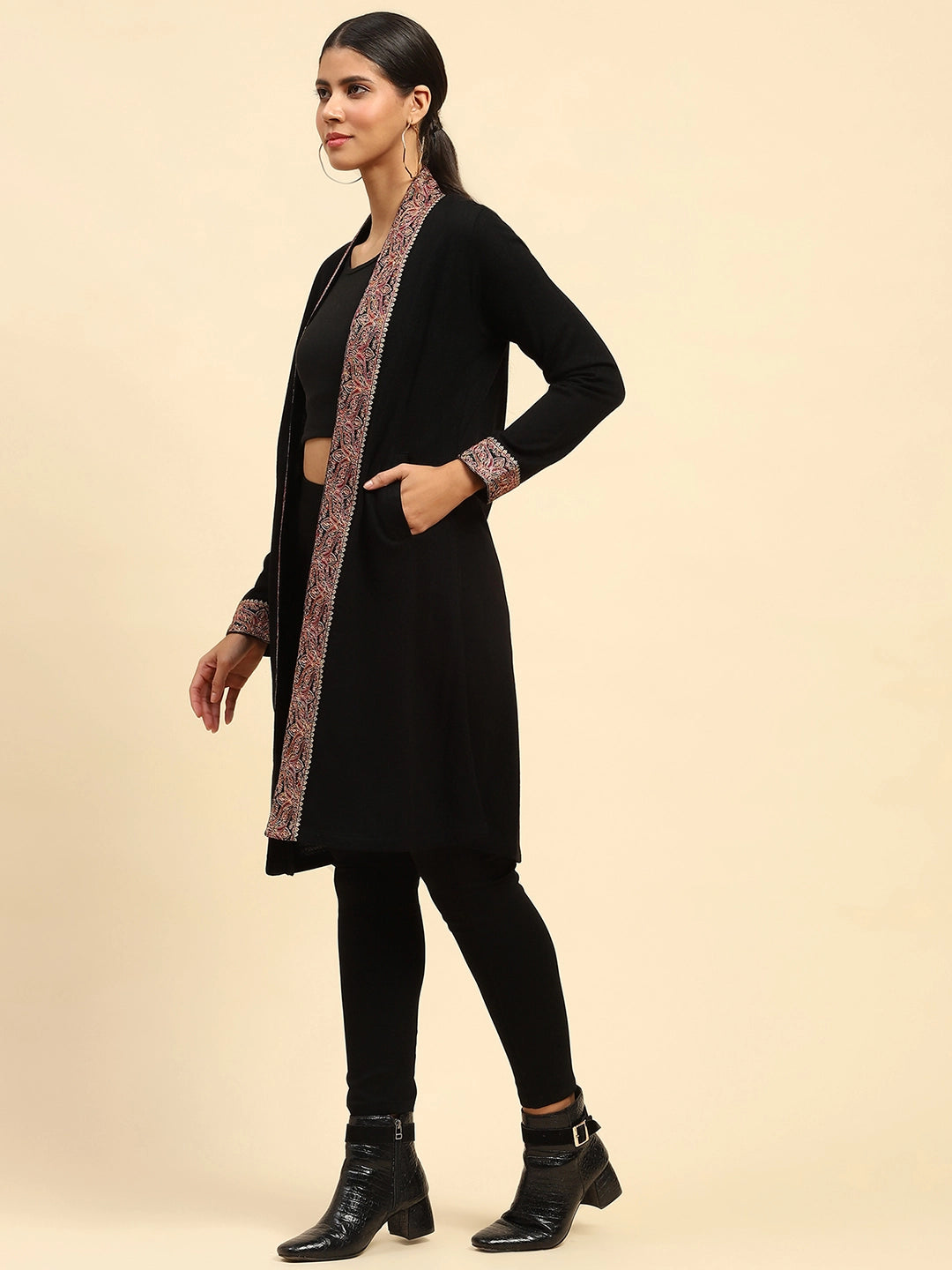 Black Woolen Thread Embroidered Front Open Shrug