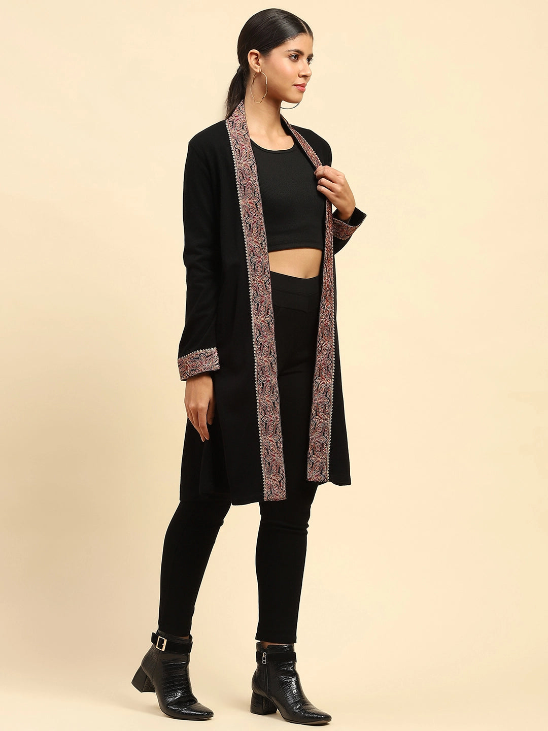 Black Woolen Thread Embroidered Front Open Shrug