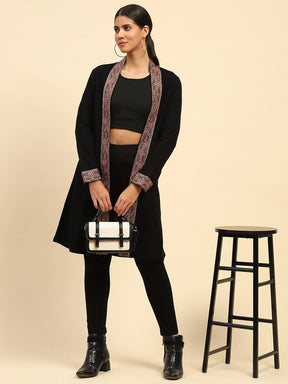 Black Woolen Thread Embroidered Front Open Shrug