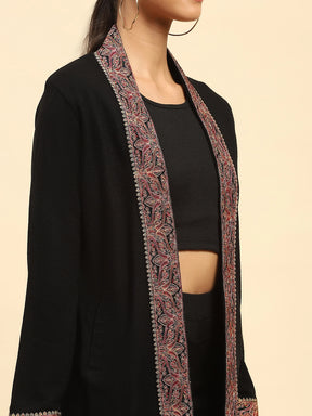 Black Woolen Thread Embroidered Front Open Shrug