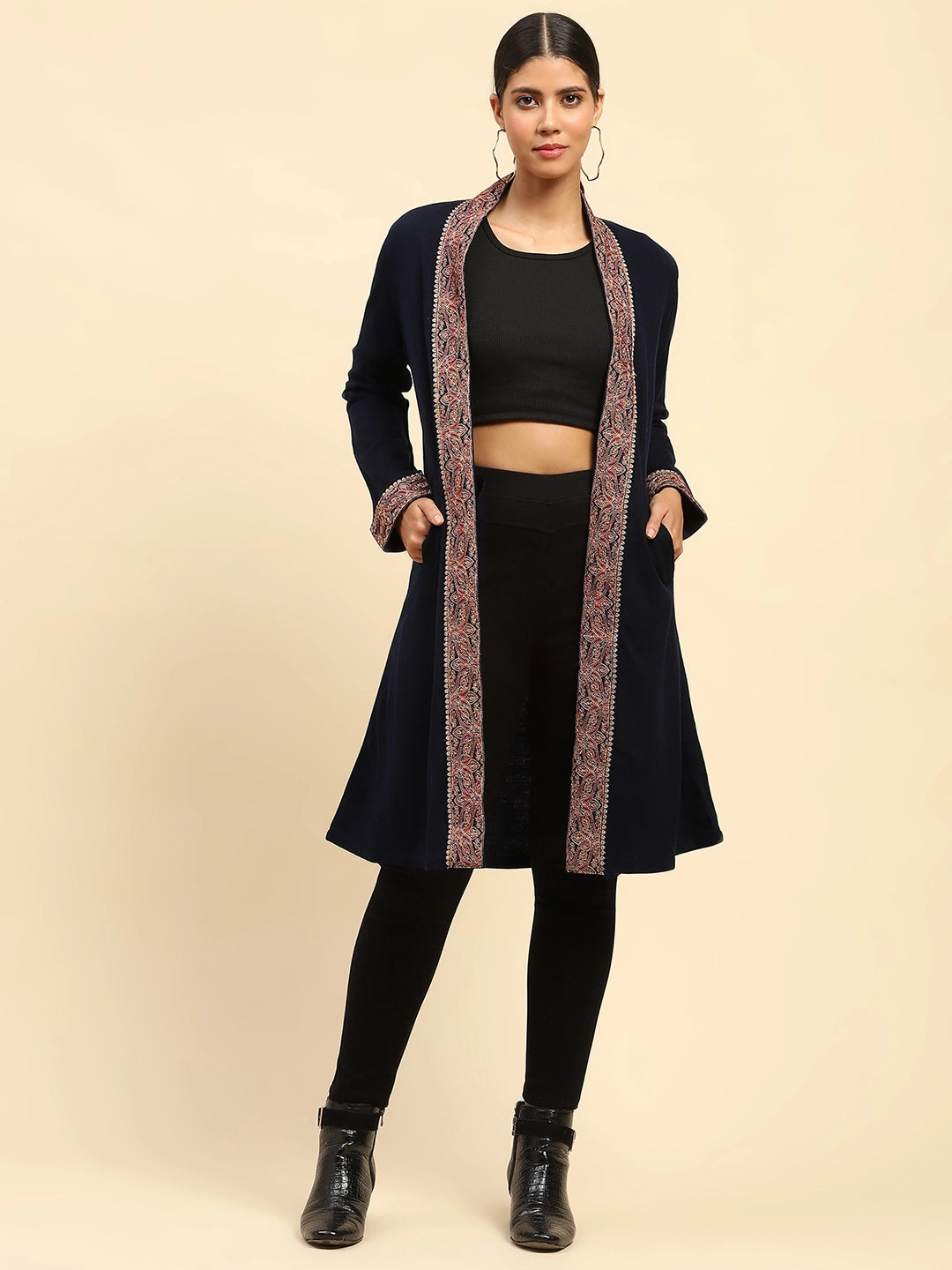 Navy Blue Woolen Thread Embroidered Front Open Ethnic Shrug