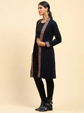 Navy Blue Woolen Thread Embroidered Front Open Ethnic Shrug