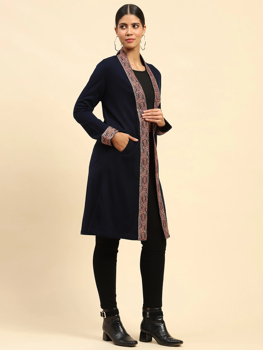 Navy Blue Woolen Thread Embroidered Front Open Ethnic Shrug