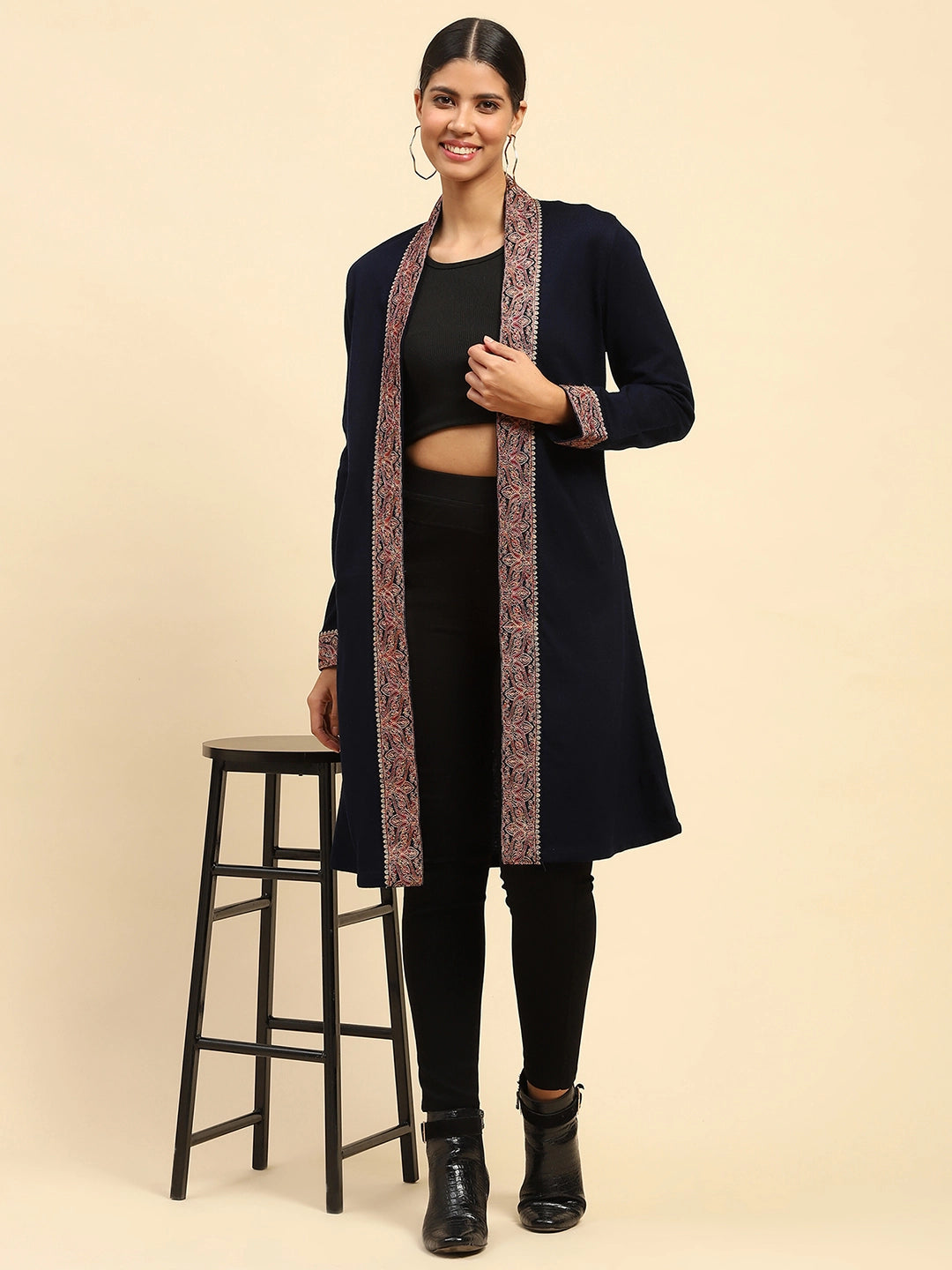 Navy Blue Woolen Thread Embroidered Front Open Ethnic Shrug