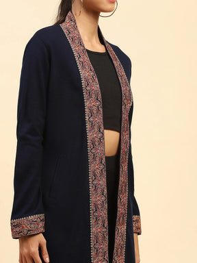 Navy Blue Woolen Thread Embroidered Front Open Ethnic Shrug