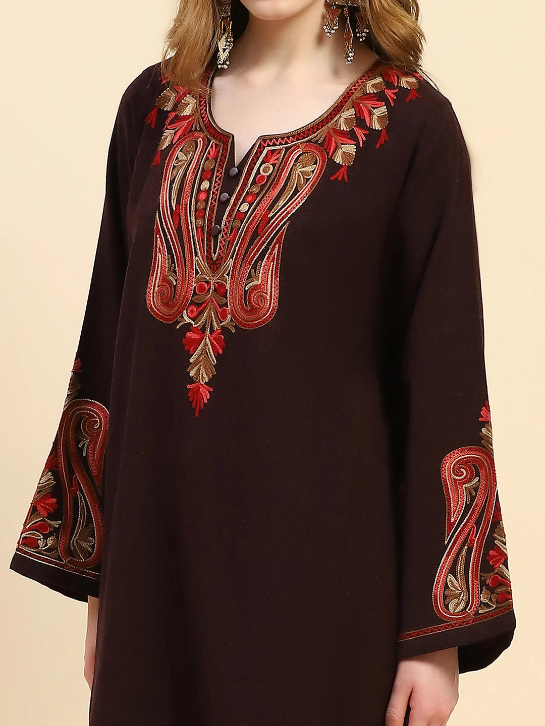 Wine Woolen Thread Embroidered Notch Neck Kurta