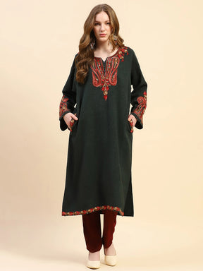 Olive Woolen Thread Embroidered Notch Neck Kurta