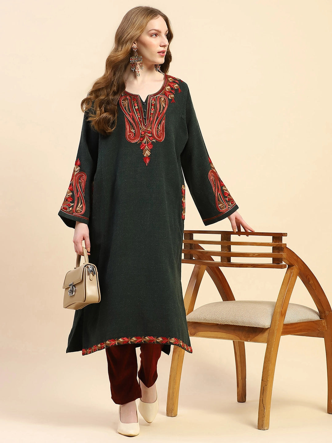 Olive Woolen Thread Embroidered Notch Neck Kurta