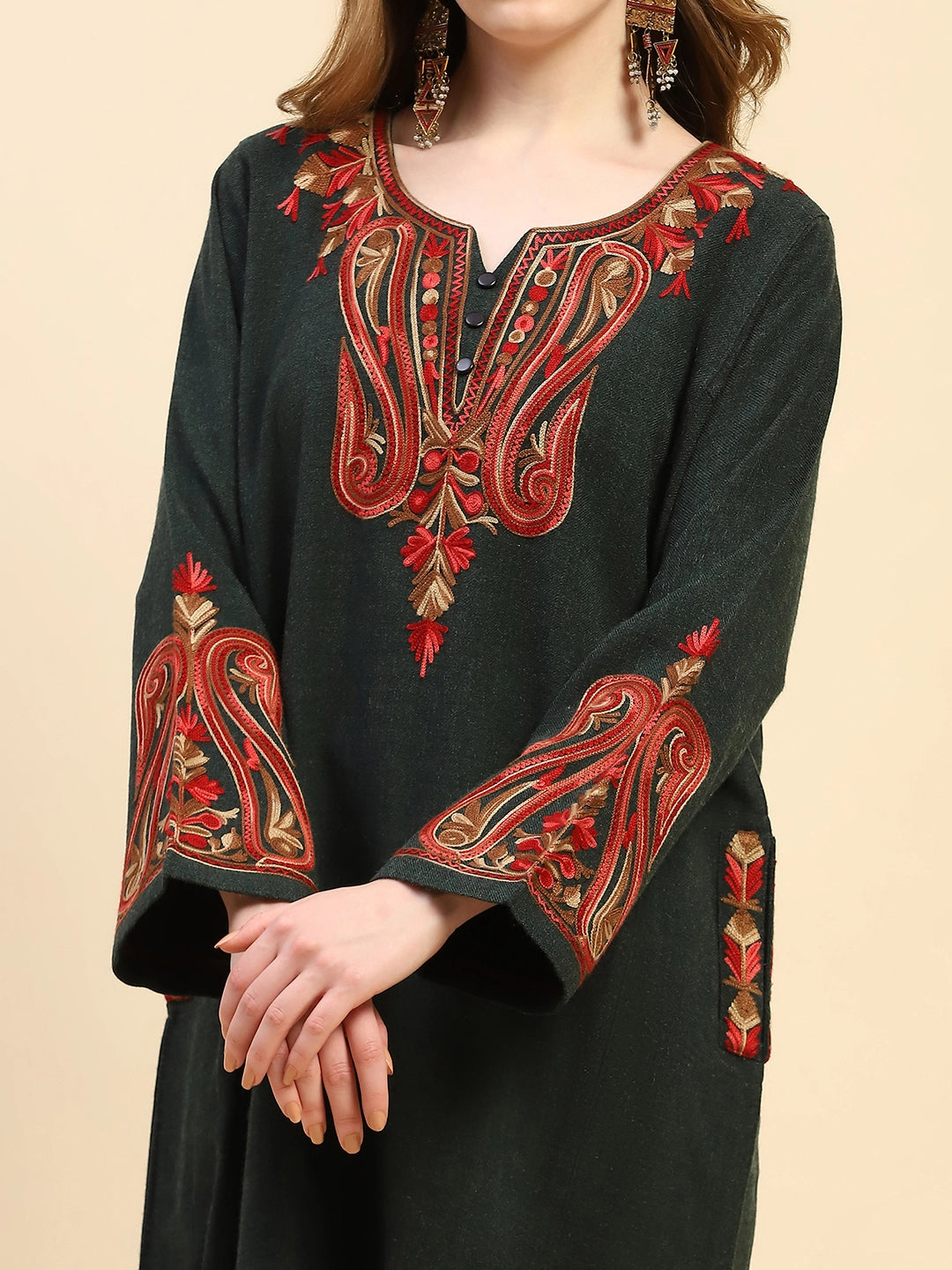 Olive Woolen Thread Embroidered Notch Neck Kurta