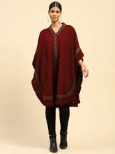 Dark Maroon Woolen Embroidered V-Neck Cape